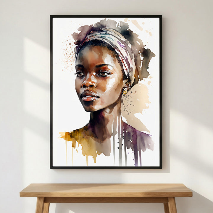 Aisha Rising premium fine art print by Papanee shown above a wooden bench in a calm modern interior with soft natural light