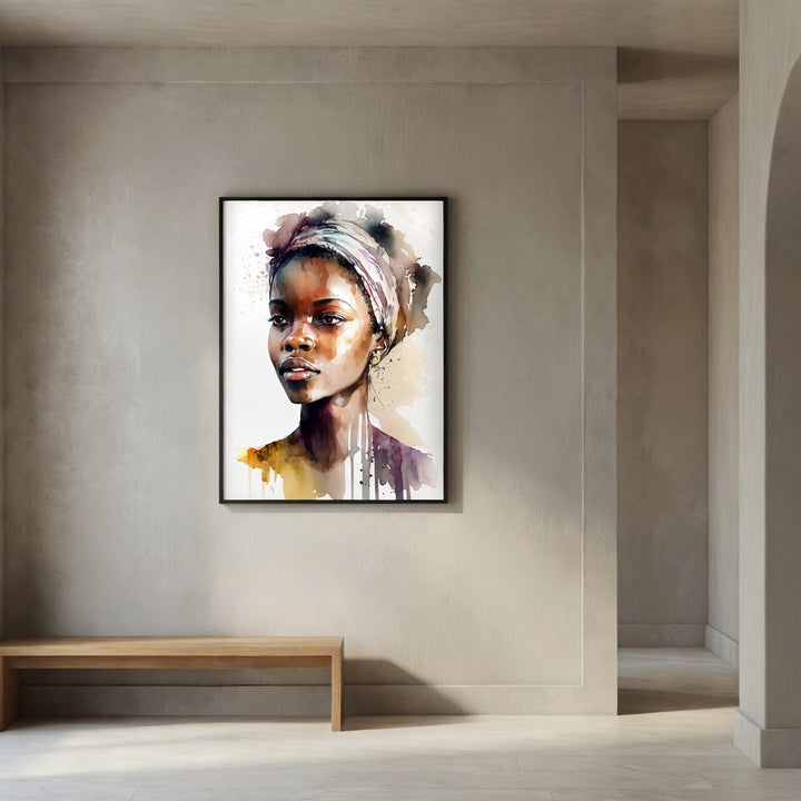 Aisha Rising premium fine art print by Papanee shown in a refined hallway above a wooden bench with warm neutral walls