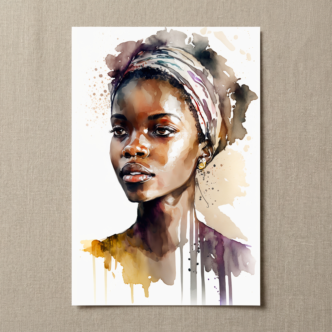 Aisha Rising premium fine art print by Papanee shown as an unframed vertical portrait with warm watercolor tones and a patterned headwrap