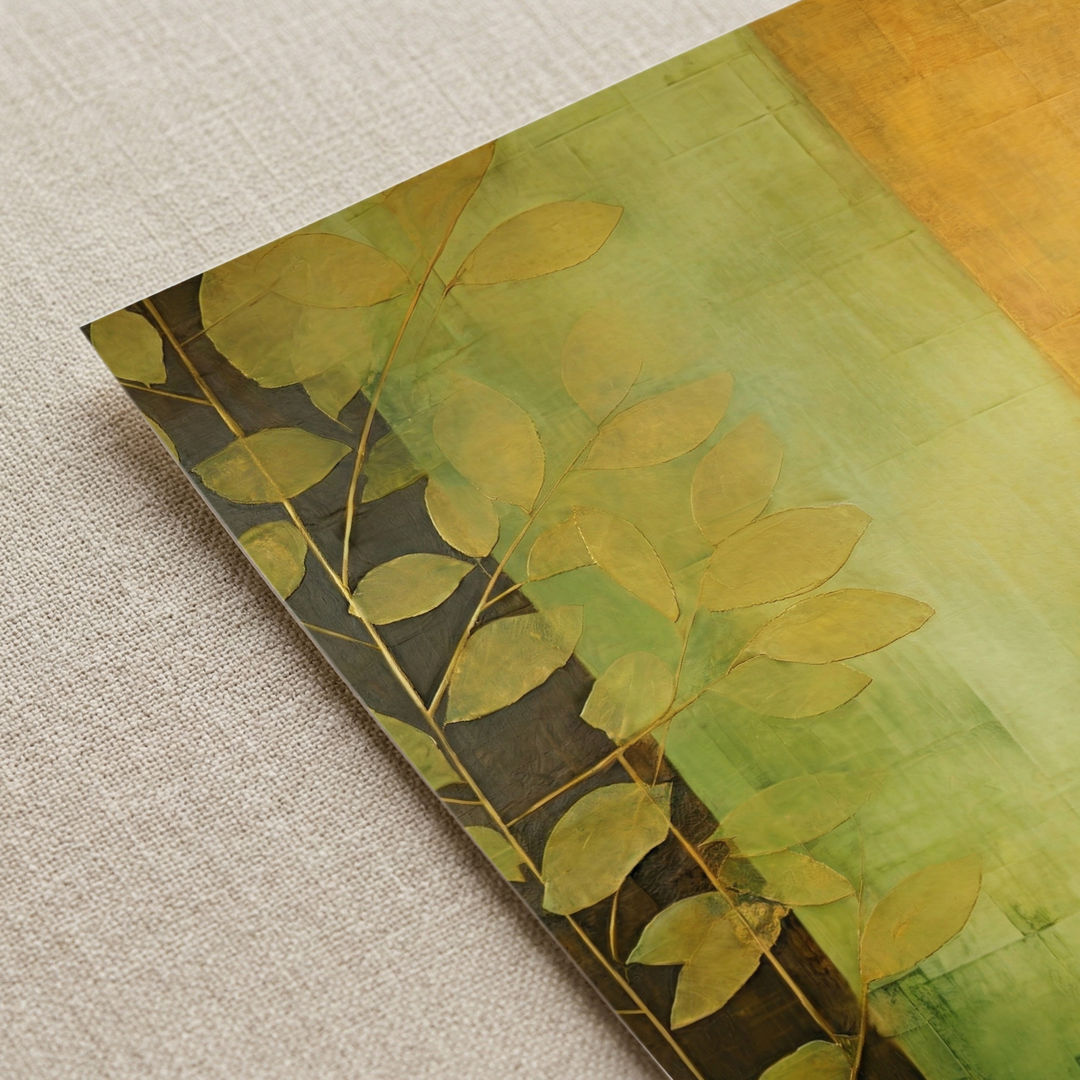 Detail view of Botanical Dawn premium fine art print by Papanee showing leaf motifs, layered texture, and the upper corner of the artwork