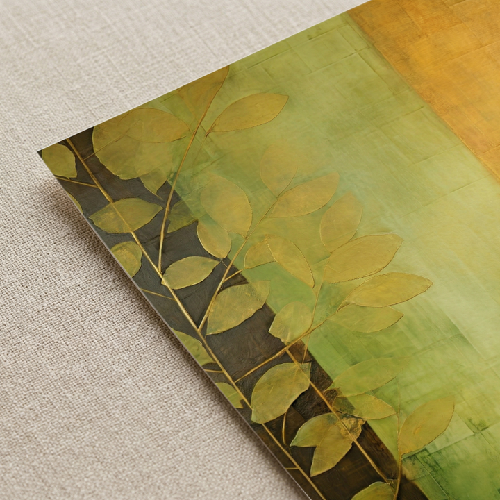 Detail view of Botanical Dawn premium fine art print by Papanee showing leaf motifs, layered texture, and the upper corner of the artwork