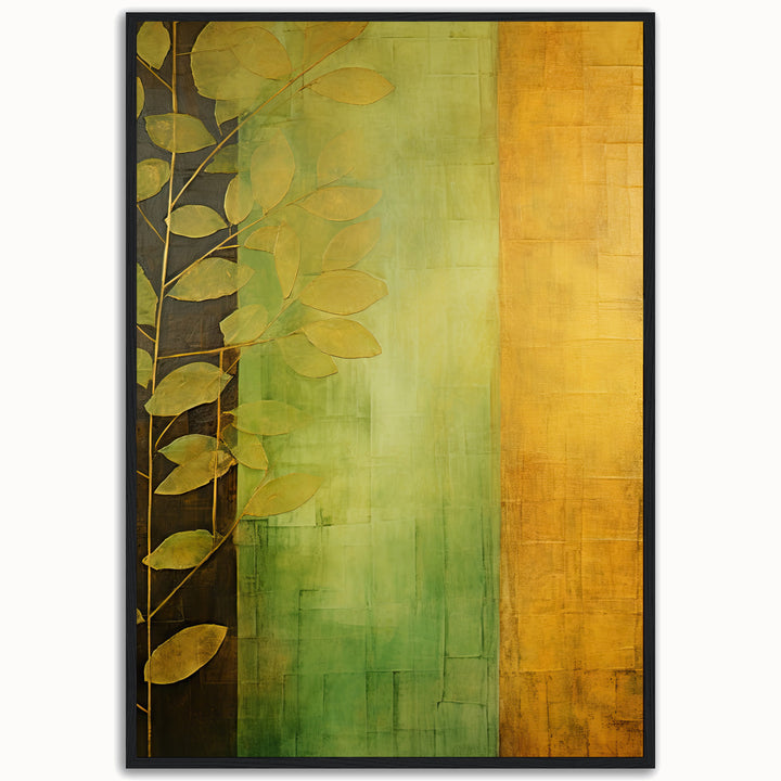 Botanical Dawn premium fine art print by Papanee shown as a framed vertical botanical abstract with green, ochre, and leaf motifs
