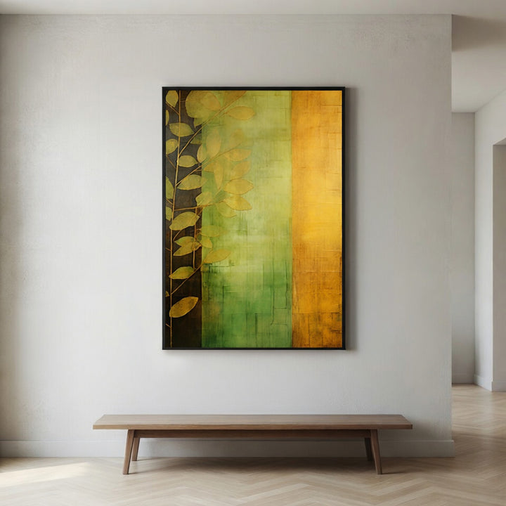 Botanical Dawn premium fine art print by Papanee shown above a wooden bench in a calm modern interior with soft natural light