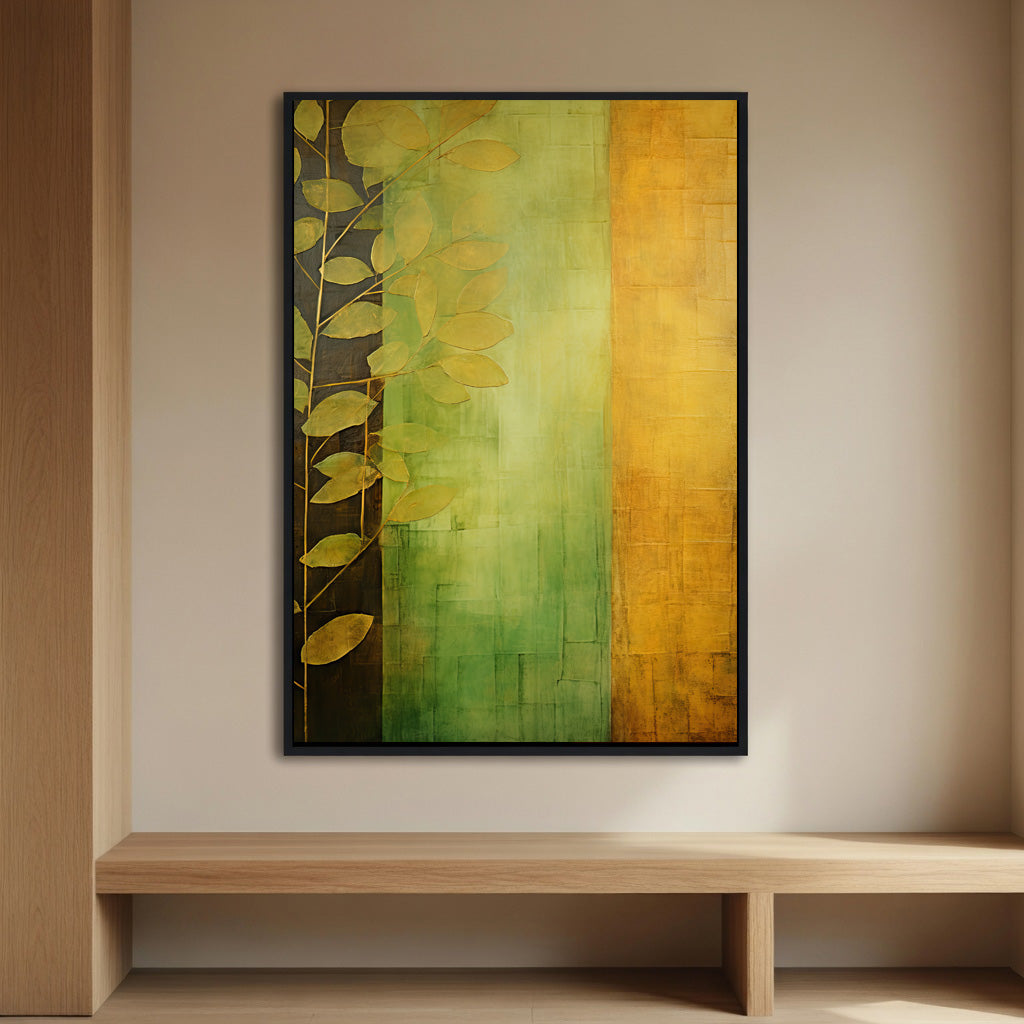 Botanical Dawn premium fine art print by Papanee shown above a low wooden bench in a refined interior with warm neutral walls