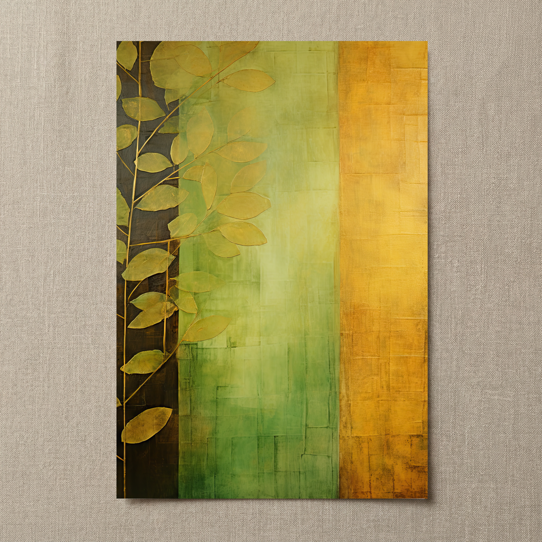 Botanical Dawn premium fine art print by Papanee shown as an unframed vertical botanical abstract with warm green and ochre tones