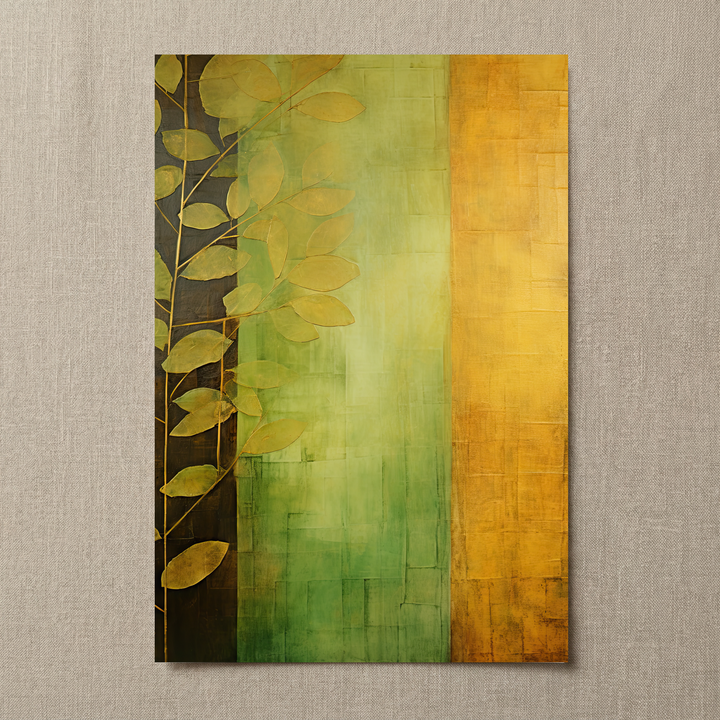 Botanical Dawn premium fine art print by Papanee shown as an unframed vertical botanical abstract with warm green and ochre tones