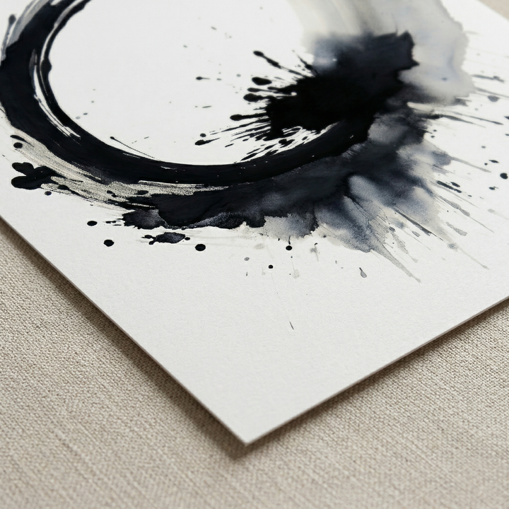 Detail view of Circle of Life premium fine art print by Papanee showing black ink texture, splatter detail, and the lower corner of the artwork