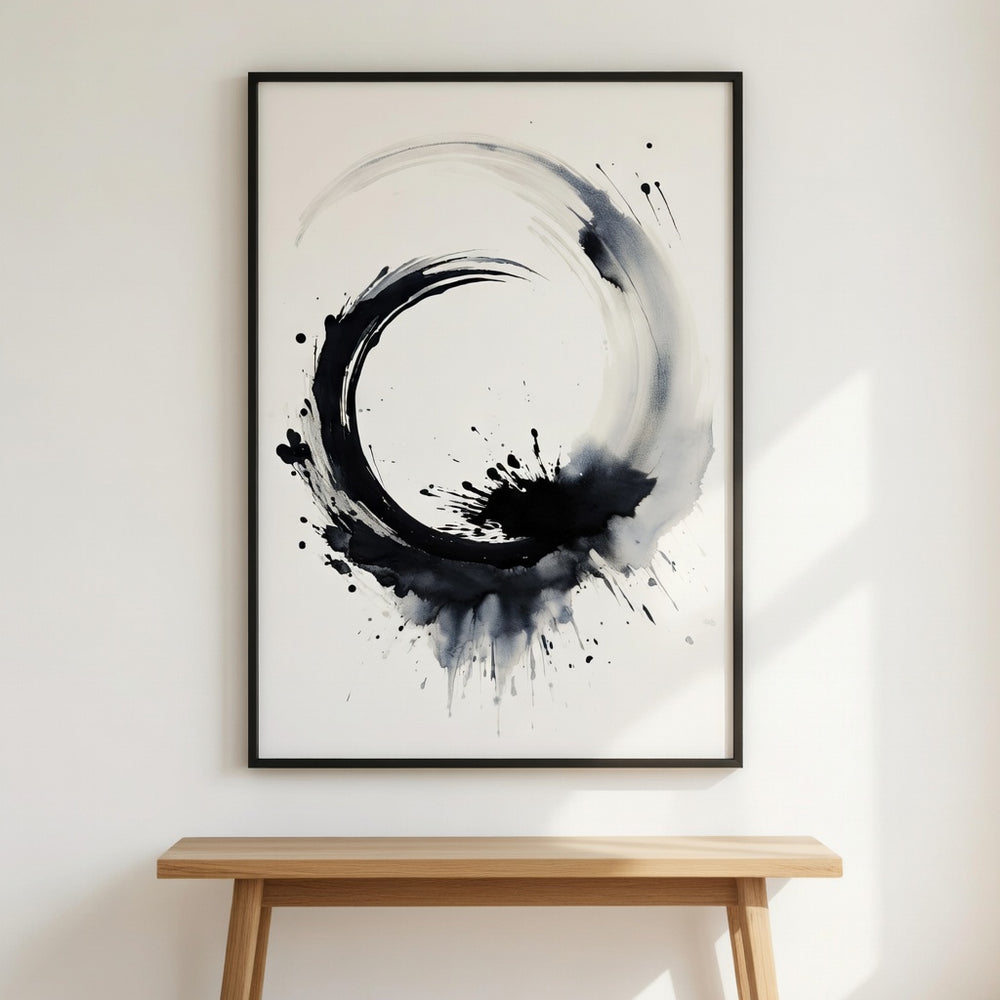 Circle of Life premium fine art print by Papanee shown above a wooden bench in a calm modern interior with soft natural light