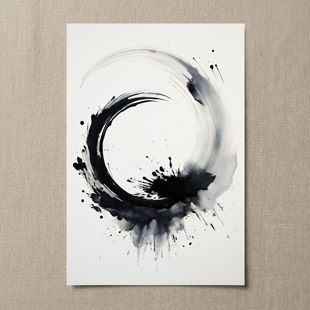 Circle of Life premium fine art print by Papanee shown as an unframed minimalist black circular ink composition with soft wash texture