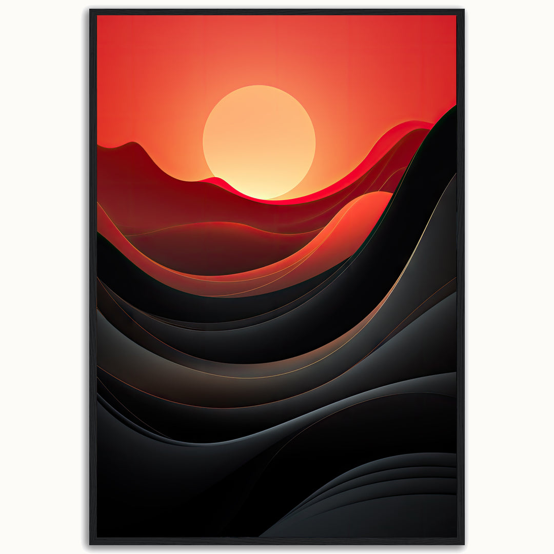 Dawn of Waves premium fine art print by Papanee shown as a framed vertical abstract artwork with layered black and red wave forms and a glowing sun.