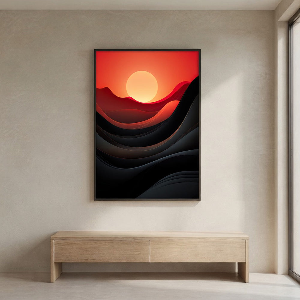 Dawn of Waves premium fine art print by Papanee shown above a low oak console in a calm modern interior with warm neutral walls