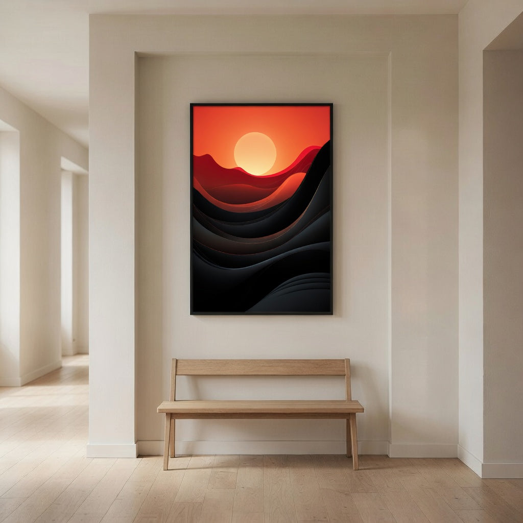 Dawn of Waves premium fine art print by Papanee shown above a wooden bench in a refined hallway with soft natural light