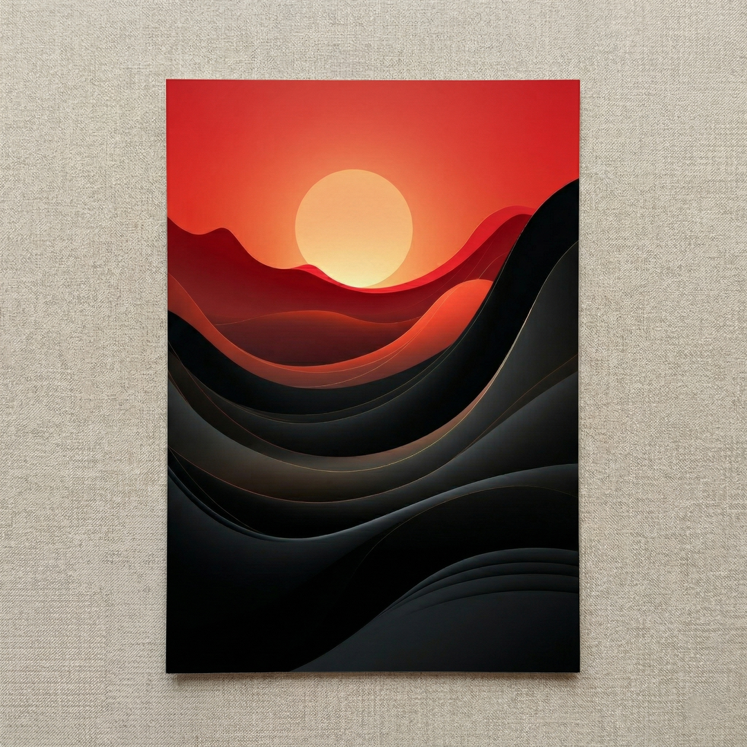 Dawn of Waves premium fine art print by Papanee shown as an unframed vertical abstract artwork with layered black and crimson wave forms and a glowing horizon.