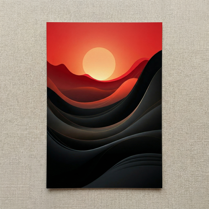 Dawn of Waves premium fine art print by Papanee shown as an unframed vertical abstract artwork with layered black and crimson wave forms and a glowing horizon.