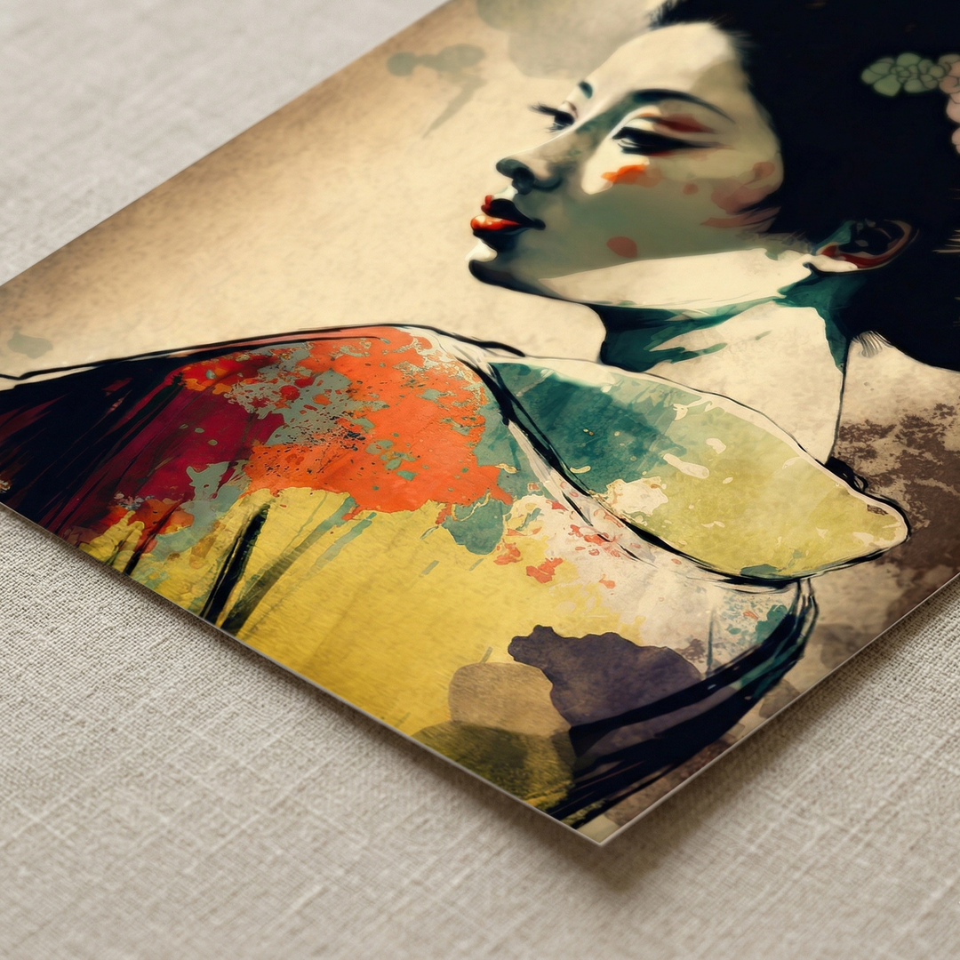 Detail view of Graceful Geisha premium fine art print by Papanee showing painterly texture, warm color, and the lower corner of the artwork