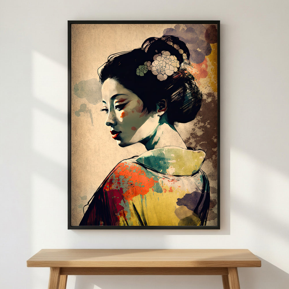 Graceful Geisha premium fine art print by Papanee shown above a wooden bench in a calm modern interior with soft natural light