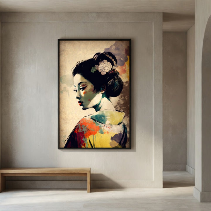 Graceful Geisha premium fine art print by Papanee shown in a refined hallway above a wooden bench with warm neutral walls