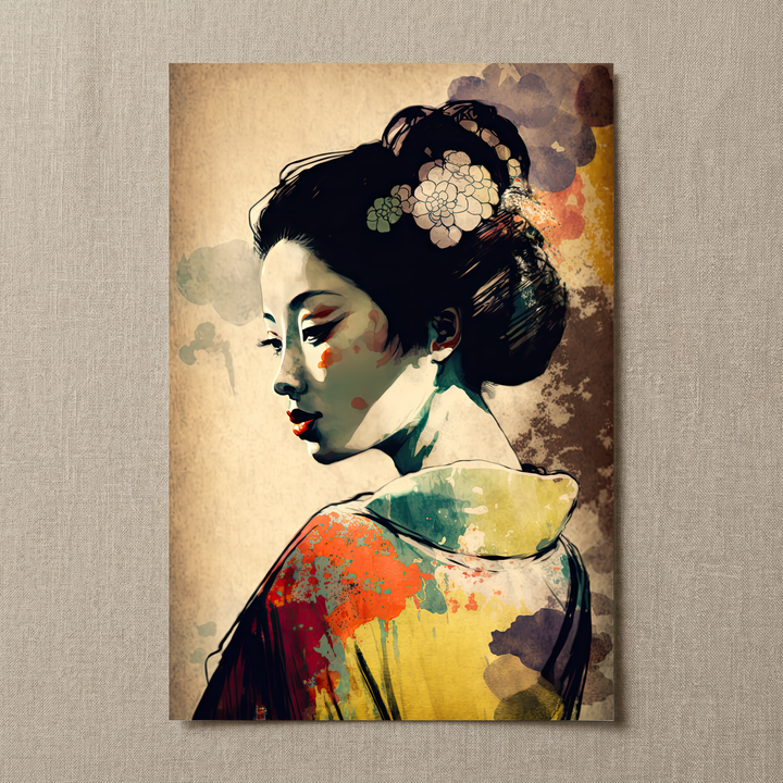 Graceful Geisha premium fine art print by Papanee shown as an unframed vertical portrait with floral hair detail and warm painterly color