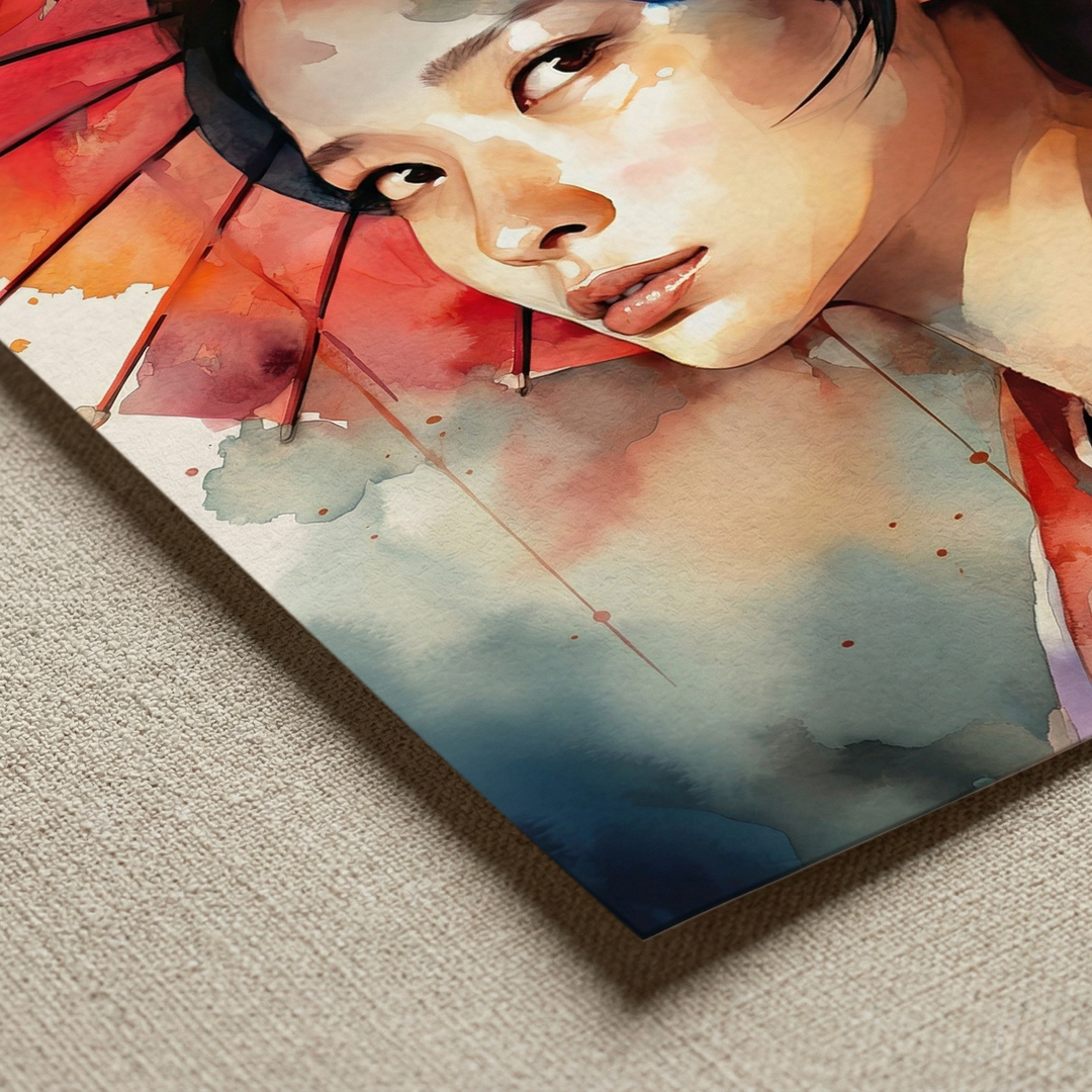 Detail view of Kyoto Whisper premium fine art print by Papanee showing watercolor texture, soft color transitions, and the lower corner of the artwork