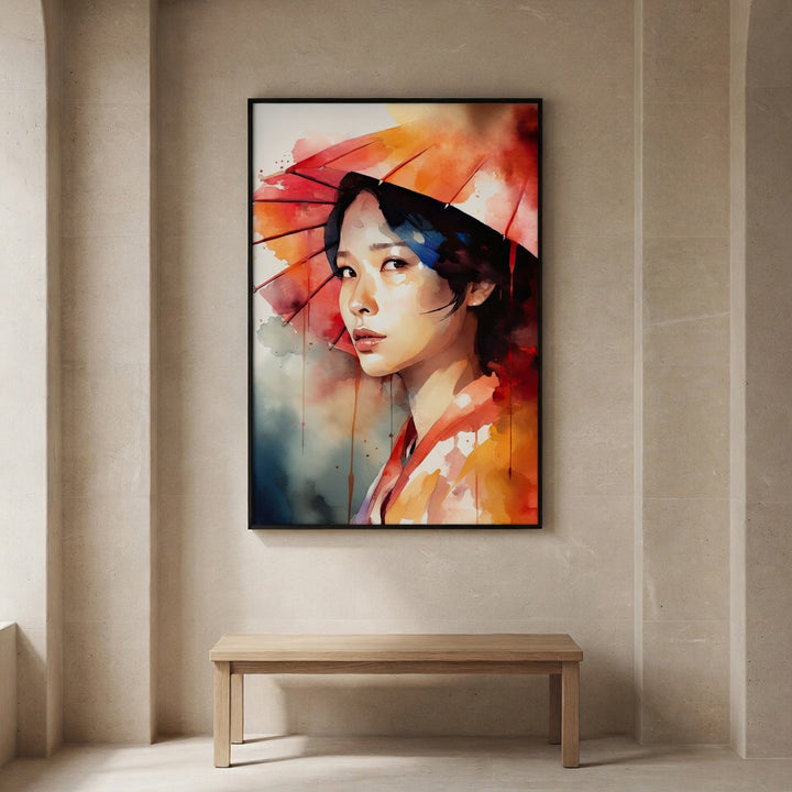 Kyoto Whisper premium fine art print by Papanee shown above a wooden bench in a refined interior with warm neutral walls