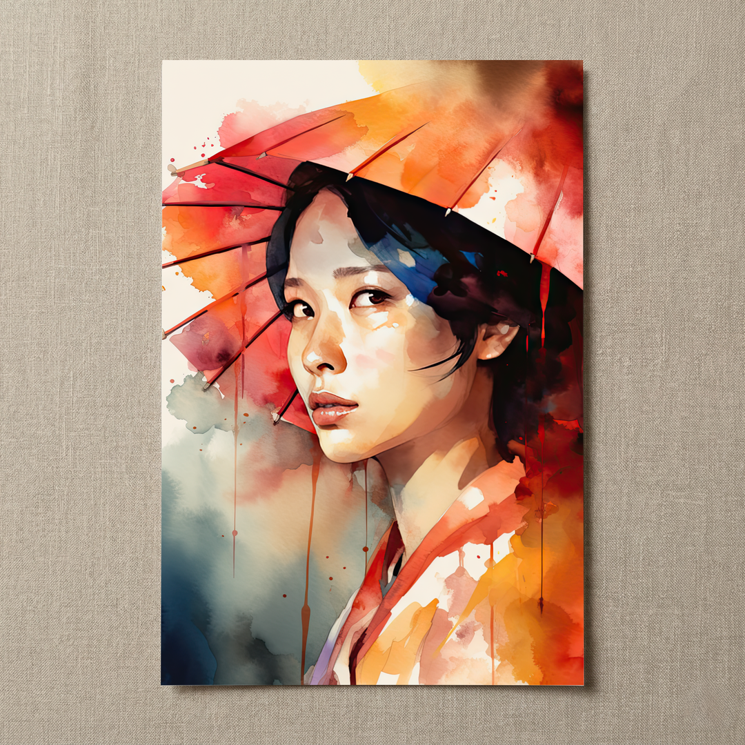 Kyoto Whisper premium fine art print by Papanee shown as an unframed vertical portrait with a red umbrella and warm orange, coral, and blue watercolor tones