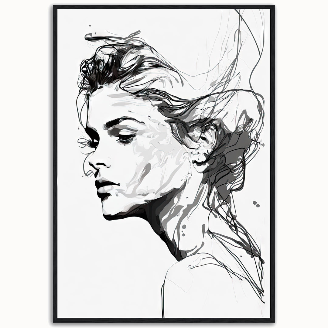 Silent Grace premium fine art print by Papanee shown as a framed vertical black-and-white portrait with a woman in side profile
