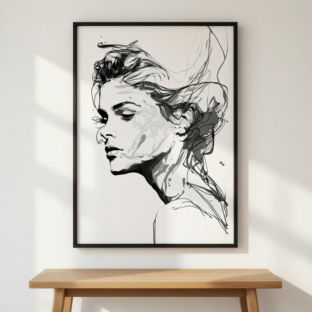 Silent Grace premium fine art print by Papanee shown above a wooden bench in a calm modern interior with soft natural light