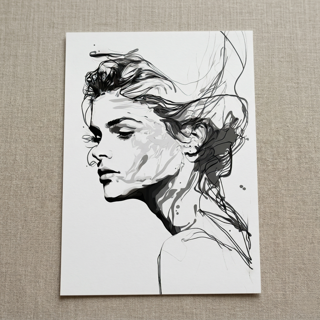 Silent Grace premium fine art print by Papanee shown as an unframed vertical black-and-white portrait with fluid line work and soft contrast