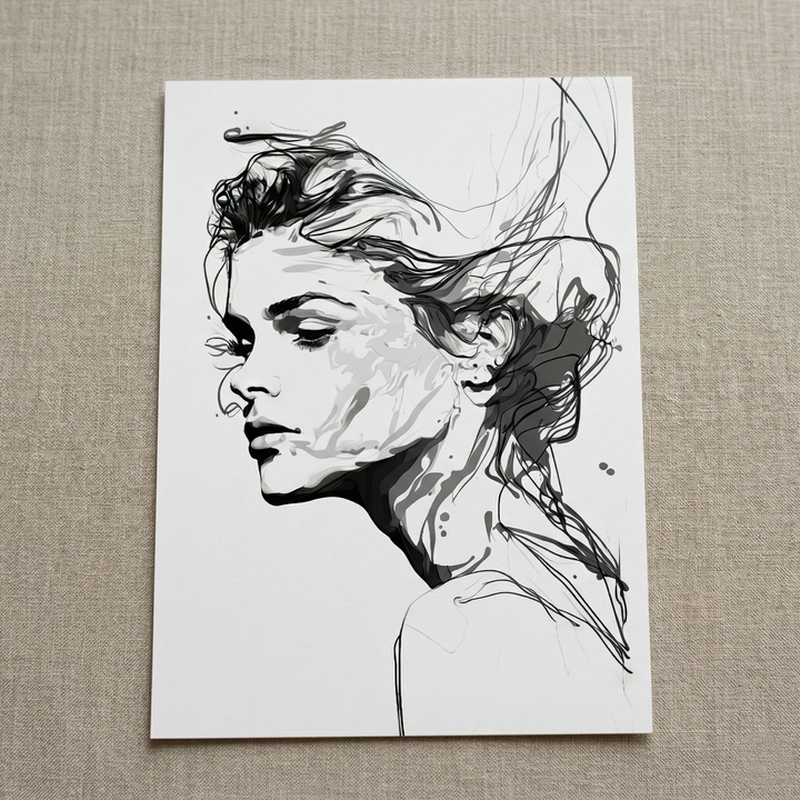 Silent Grace premium fine art print by Papanee shown as an unframed vertical black-and-white portrait with fluid line work and soft contrast