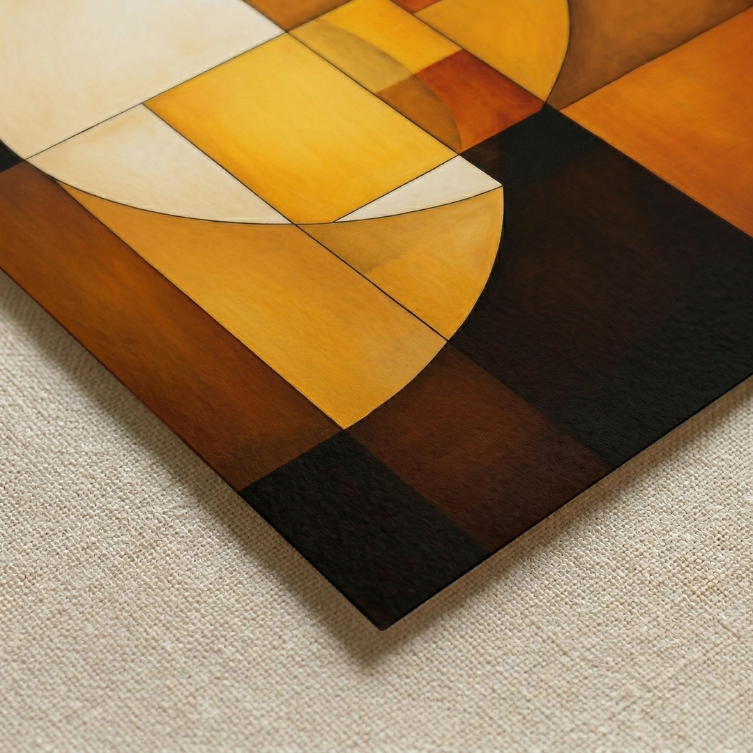 Detail view of Sun & Moon premium fine art print by Papanee showing layered geometric forms, warm color, and the lower corner of the artwork