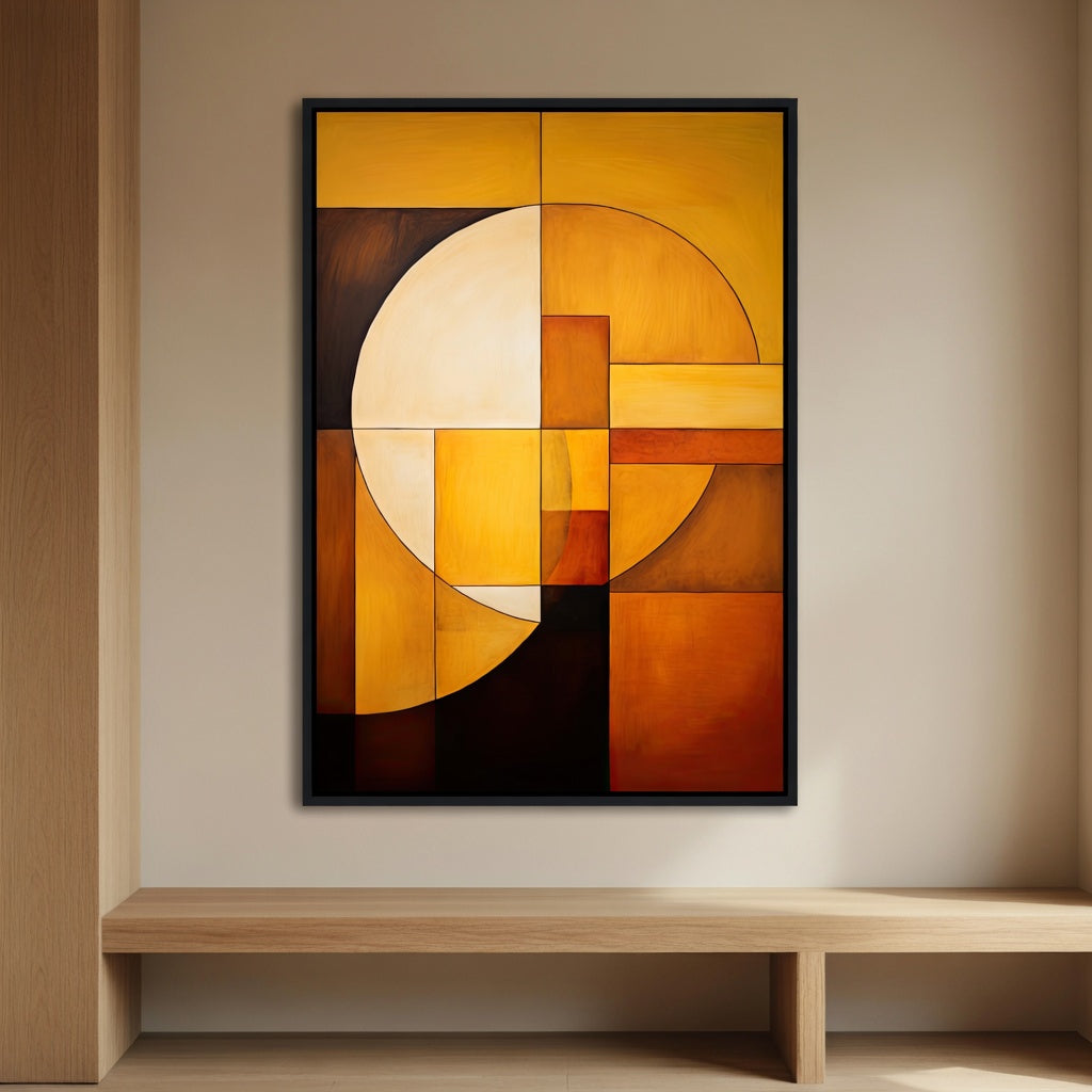 Sun & Moon premium fine art print by Papanee shown above a low wooden console in a calm modern interior with warm neutral walls