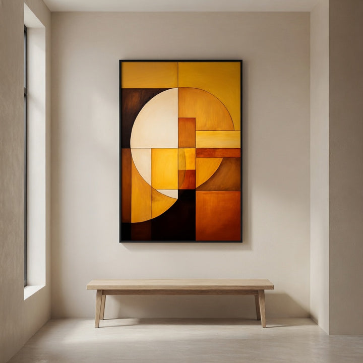 Sun & Moon premium fine art print by Papanee shown above a wooden bench in a refined hallway with soft natural light