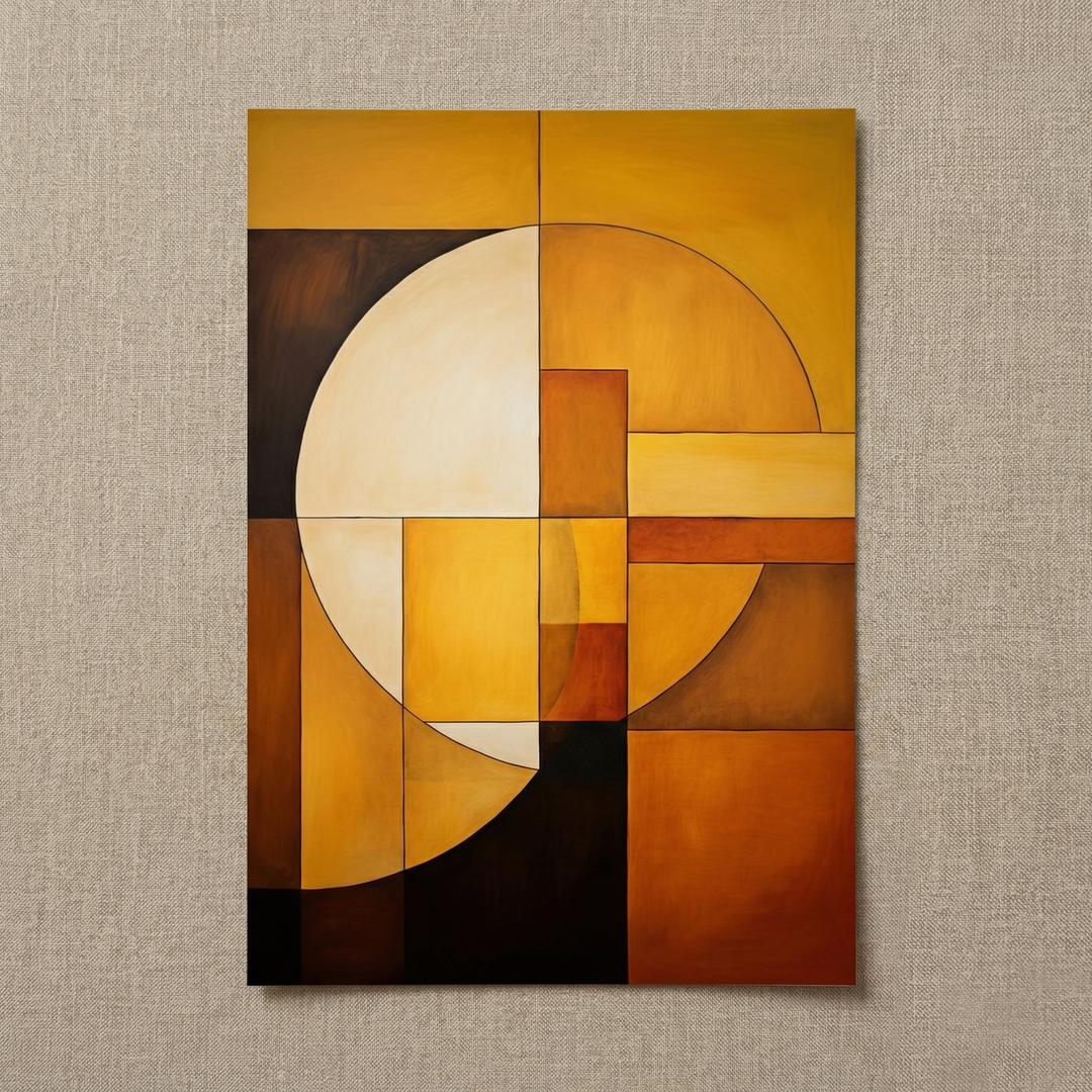 Sun & Moon premium fine art print by Papanee shown as an unframed vertical geometric abstract with warm ochre, cream, and brown tones