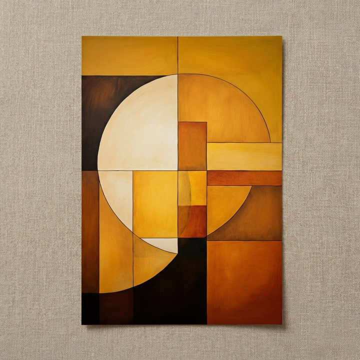 Sun & Moon premium fine art print by Papanee shown as an unframed vertical geometric abstract with warm ochre, cream, and brown tones