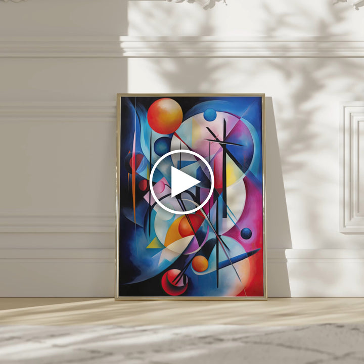 Elegant video preview of Celestial Dance giclée print with shadows playing on the wall, showcasing abstract colorful shapes in a sophisticated modern setting.
