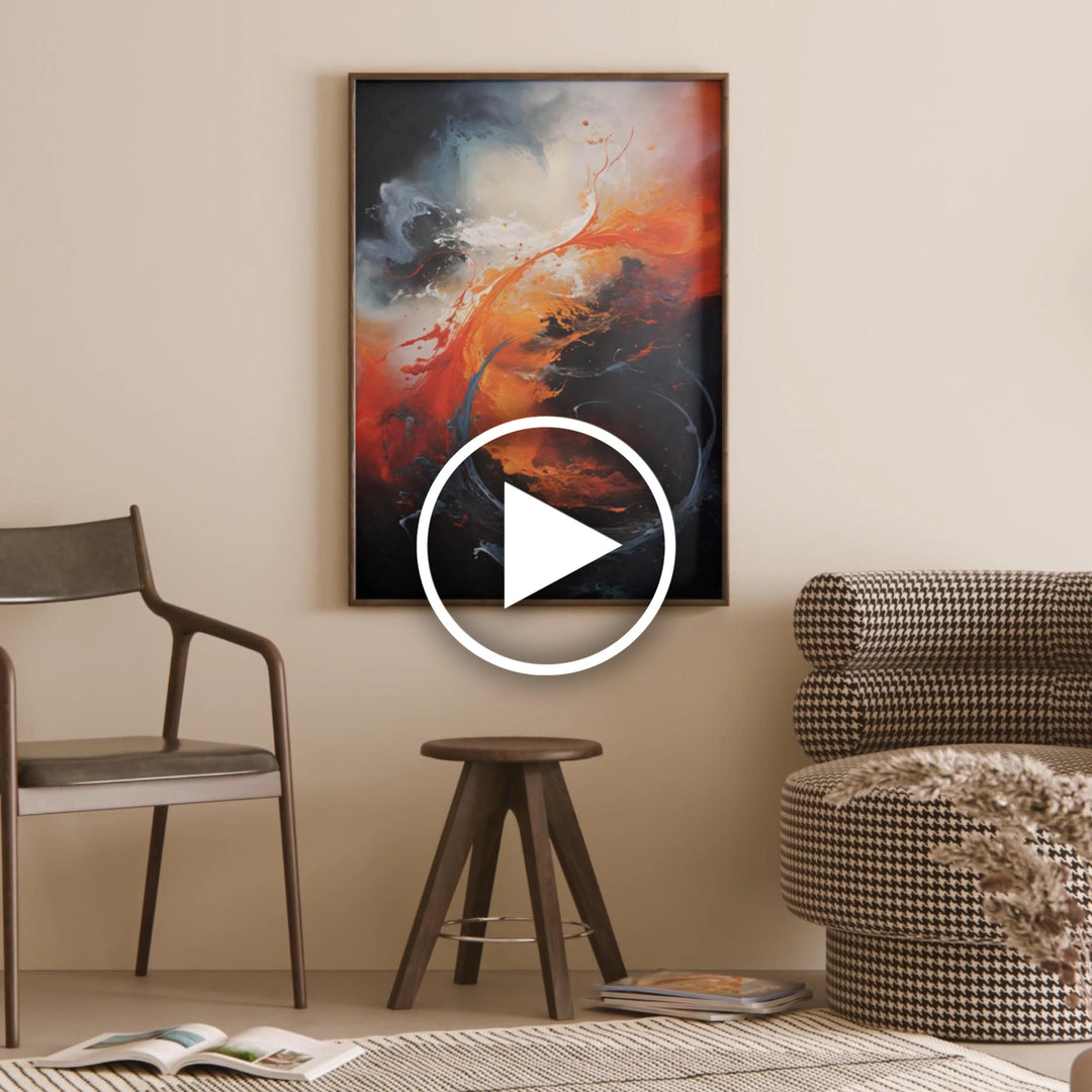 Elemental Fusion fine art print displayed in a frame – abstract fire and water artwork with vibrant orange, blue, and white tones, luxury wall decor.