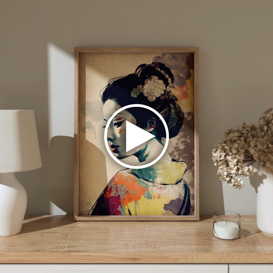 Framed Graceful Geisha artwork by Papanee Studio displayed in a modern living space – Japanese portrait fine art print with vibrant hues and elegant composition.