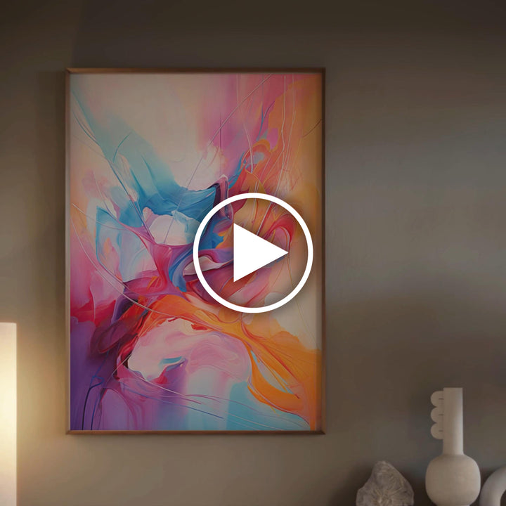 Hue Melange framed fine art giclée print by Papanee Studio – vibrant abstract painting with fluid brushstrokes in blue, orange, and pink hues, luxury wall art.