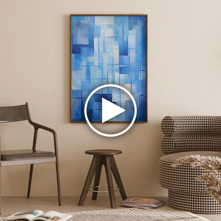 Icy Elegance framed abstract artwork by Papanee Studio, combining textured layers of blue and white in a minimalist geometric composition.