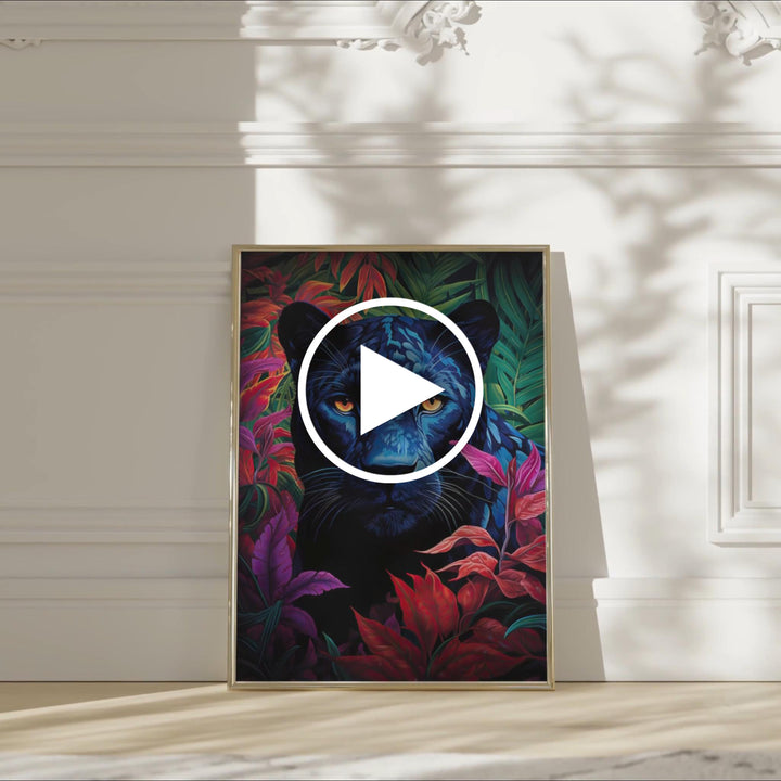 Framed Panther Prism artwork by Papanee Studio displayed in a simple room – bold black panther portrait with colorful jungle background, fine art giclée print.