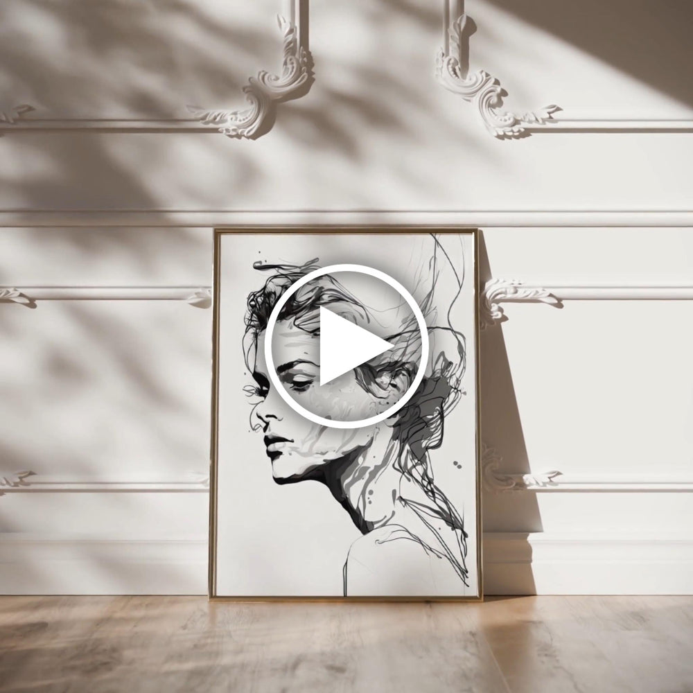 Silent Grace giclée print by Papanee Studio – elegant black-and-white portrait of a woman in a frame, perfect for minimalist home decor.