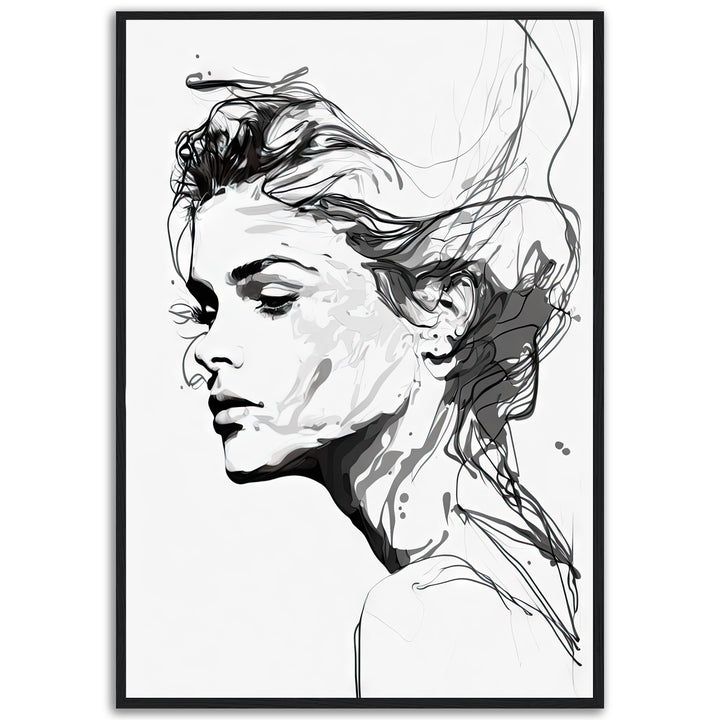 Silent Grace giclée print by Papanee Studio – elegant monochrome portrait artwork of a woman with flowing hair in minimalist black and white style.