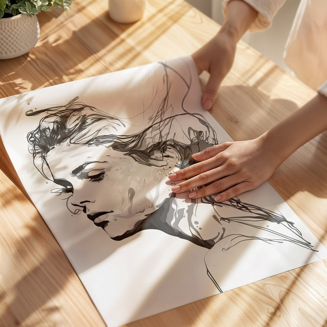 Close-up of Silent Grace giclée print by Papanee Studio – detailed black-and-white portrait showcasing expressive facial features and fluid linework.