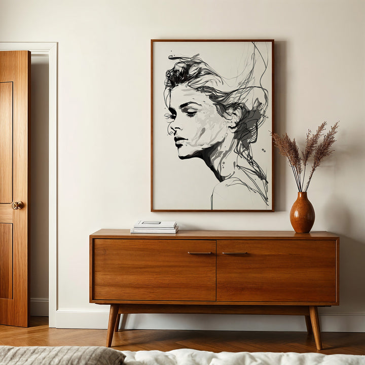 Silent Grace giclée print by Papanee Studio – modern monochrome portrait artwork displayed in a living room with minimalist decor.