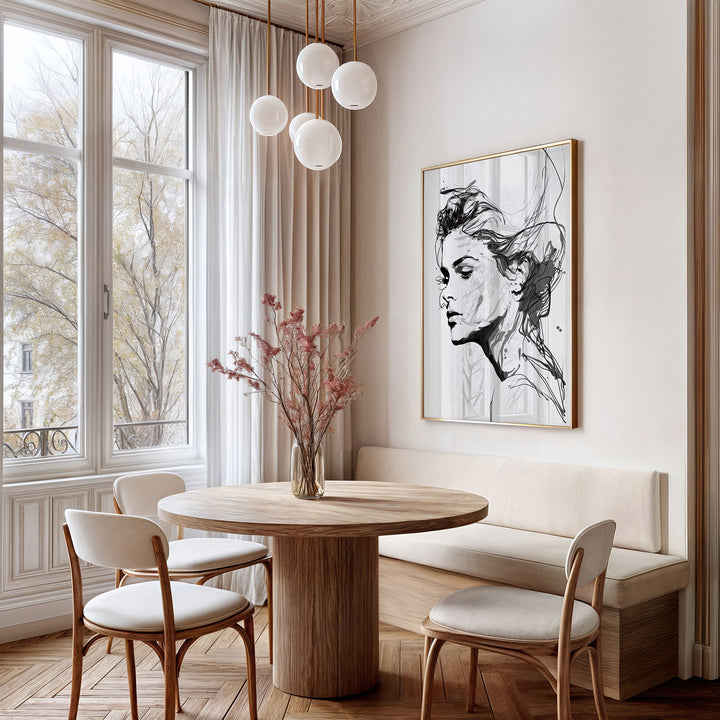 Silent Grace giclée print by Papanee Studio – black-and-white portrait artwork displayed in a bright, modern dining room.