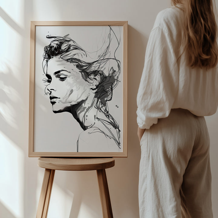 Silent Grace giclée print by Papanee Studio – elegant black-and-white portrait in a standing frame, perfect for minimalist home decor.