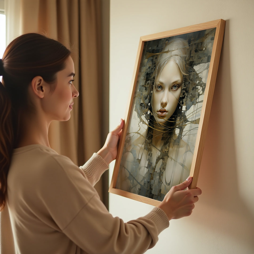 Woman holding framed 'Sudden Insight' fine art print by Papanee Studio – contemporary abstract portrait in soft hues for sophisticated interiors.