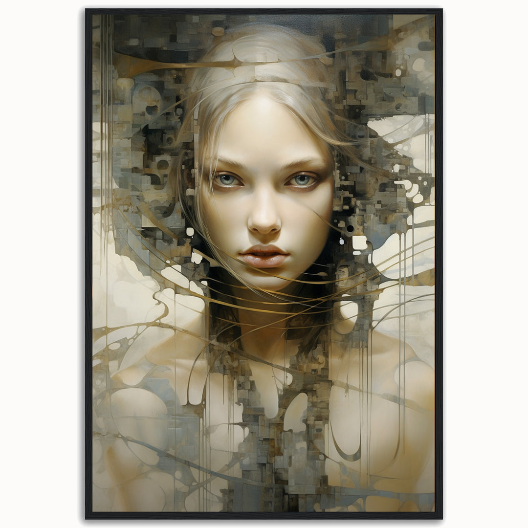 Sudden Insight abstract portrait fine art print with a woman's face, geometric linework and soft neutral tones.