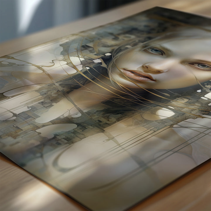 Close-up of 'Sudden Insight' by Papanee Studio – luxury giclée fine art print featuring an abstract female portrait with geometric details.