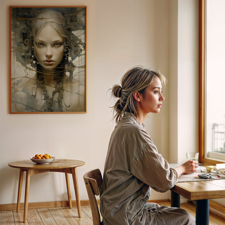 Framed 'Sudden Insight' artwork by Papanee Studio displayed in a modern dining area – luxury fine art giclée print for elegant home decor.